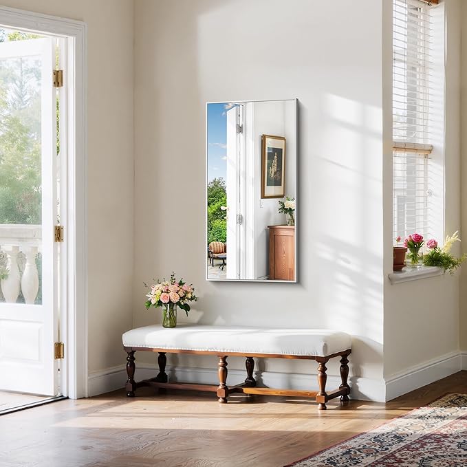 YIROMAN Bathroom Mirror 20"x40", Brushed Silver Bathroom Mirror for Over Sink with Aluminum Frame, Rectangular Vanity Mirror with Right Angle, Wall Mirror Hangs Horizontal or Vertical