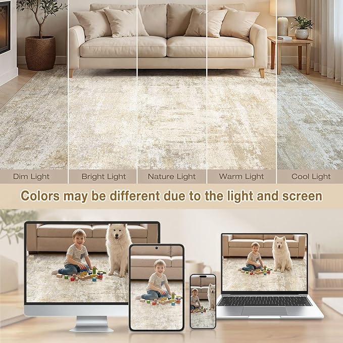 cotiled 8x10 Area Rugs for Living Room - Washable Neutral Abstract Carpet Non Slip Soft Rug for Bedroom & Dining Table, Robot Vacuum & Pet Friendly Floor Decor Beige