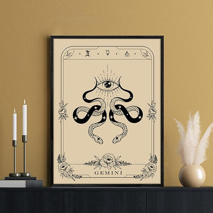 SERIMINO Witchy Framed Wall Art, Gemini Tarot Canvas Prints Paintings, Horoscope Dark Academia Home Decor Aesthetic, 12X16inch Gothic Wall Decor for Room