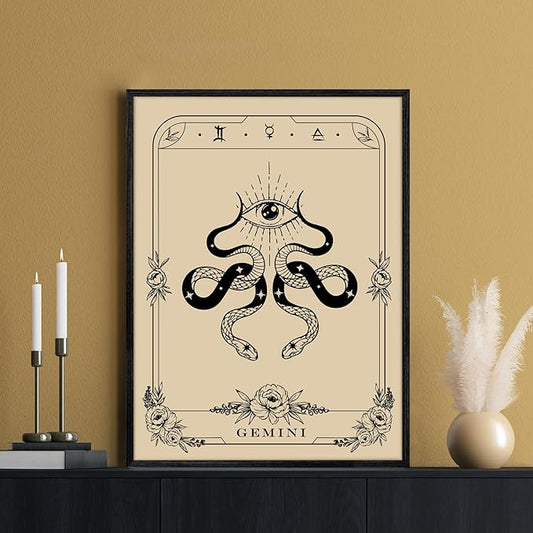 SERIMINO Witchy Framed Wall Art, Gemini Tarot Canvas Prints Paintings, Horoscope Dark Academia Home Decor Aesthetic, 12X16inch Gothic Wall Decor for Room