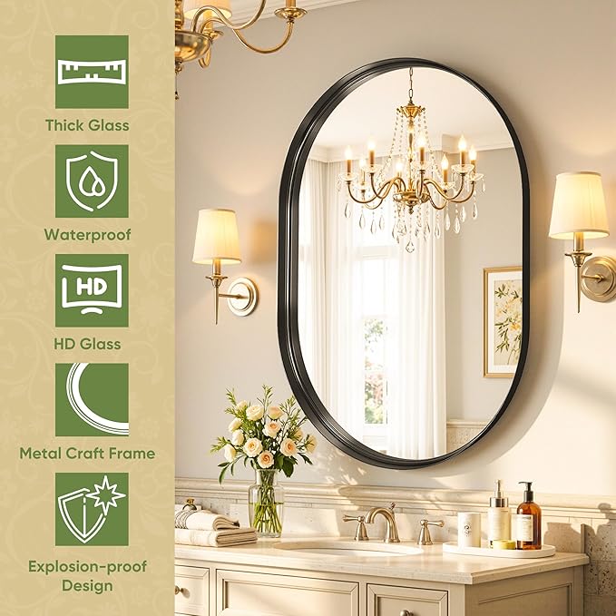 Oval Bathroom Mirror, 24x36 Inch Black Oval Wall Mirror with Metal Deep Frame, Mirrors for Wall Decor, Vanity, Entryway, Living Room, Horizontally/Vertically