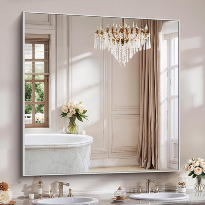 YIROMAN Bathroom Mirror 48"x48", Large Brushed Silver Bathroom Mirror for Over Sink with Aluminum Frame, Rectangular Vanity Mirror with Right Angle, Wall Mirror Hangs Horizontal or Vertical