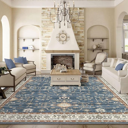 8x10 Area Rug for Living Room- Machine Washable Soft Oriental Vintage Large Indoor Floor Carpet for Bedroom Under Dining Table Home Office Decor - Dark Blue