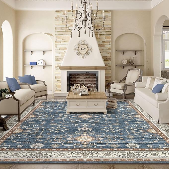 10x12 Area Rug for Living Room- Machine Washable Soft Oriental Vintage Large Indoor Floor Carpet for Bedroom Under Dining Table Home Office Decor - Dark Blue