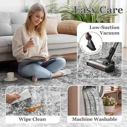 Vintage Grey 8x10 Area Rugs for Living Room, Retro Gray Neutral Rug for Bedroom Dining Room, Low Pile Thin Washable Non Slip Room Rug for Home Office Family Room