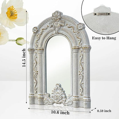 2 Set Wood Carved Window Mirrors 3D Relief Arched Wall Decor Roman Column Antique Home Accent Small Decorative Mirrors for Living Room, Bathroom, Entryway