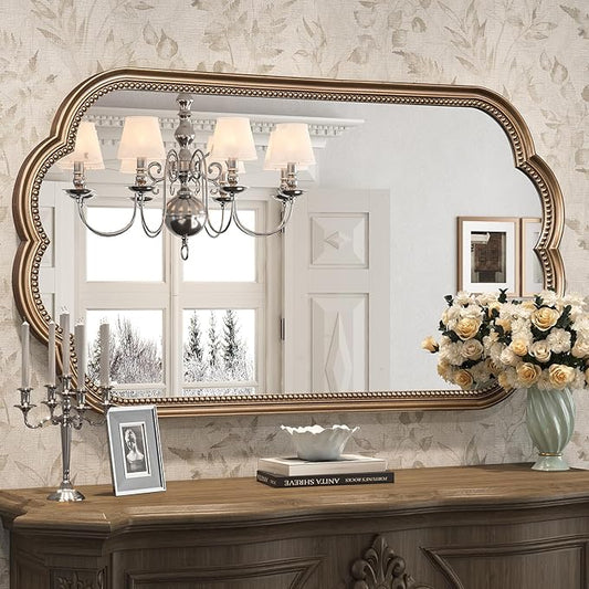 Scalloped Mirror for Bathroom, 23" x 42" Antique Wide Brass Mirror, Vintage Gold Mirrors with Beaded for Over Sink, Bedroom, Living Room, Fireplace, Entryway, Hangs Horizontally or Vertically