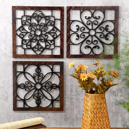 Yulejo 4 Piece Thicken Rustic Wall Decor - Wooden Hollow Carved Design Rustic Wall Art for Living Room, Bedroom, Hallway, Office, Kitchen (Brown, Black)