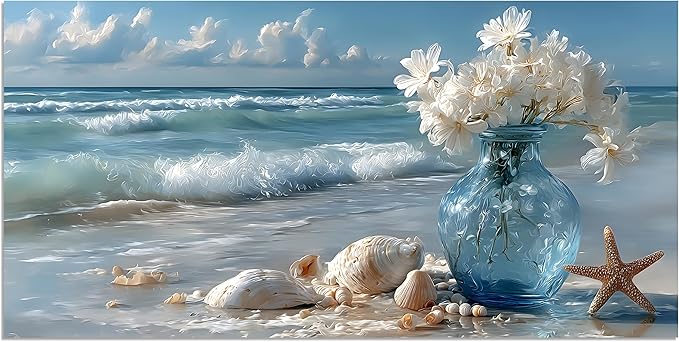 TutuBeer Beach Bathroom Canvas Wall Art Starfish with White Flower Coastal Pictures Wall Art Canvas Seascape Poster Seaside Seashell Painting Print Artwork for Living Room Bedroom 8"x16"x1 Panel