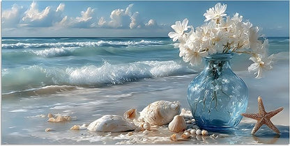 TutuBeer Beach Bathroom Canvas Wall Art Starfish with White Flower Coastal Pictures Wall Art Canvas Seascape Poster Seaside Seashell Painting Print Artwork for Living Room Bedroom 8"x16"x1 Panel
