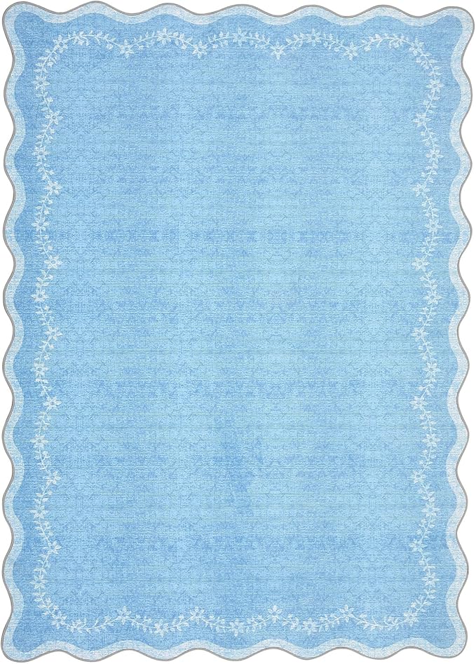 GarveeHome 4x6 Blue Scalloped Washable Area Rug for Nursery Room, Solid Floral Soft Bedroom Rug Non Slip Low Pile Small Carpet Stain Resistant Throw Rug for Dorm Kids Room Office Dining Room