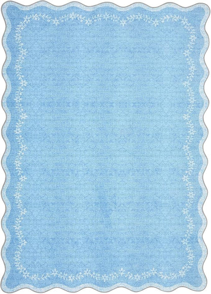 GarveeHome 4x6 Blue Scalloped Washable Area Rug for Nursery Room, Solid Floral Soft Bedroom Rug Non Slip Low Pile Small Carpet Stain Resistant Throw Rug for Dorm Kids Room Office Dining Room