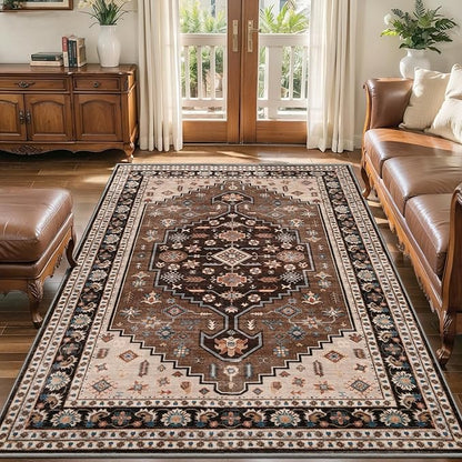 Tangsoo Washable 5x7 Area Rug for Living Room,Vintage Non Slip Large Rugs Soft Non-Slip Print Distressed Brown Beige Carpet,Low Pile Foldable Floor Rug for Bedroom Dining Room Dorm Office Home Decor