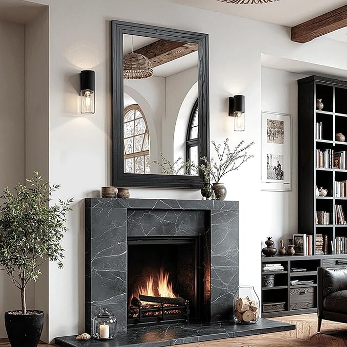 Wood Framed Mirrors for Wall, Black Bathroom Vanity Mirror for Over Sink 26 x 38, Vintage Wall Mirror for Bathroom Sink Hallway Entryway Bedroom Living Room Farmhouse Boho Style