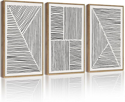 Drsoum Mid-Century Modern Framed Wall Art Minimalist Abstract Boho Black Line Wall Decor Geometric Artwork Kitchen Dining Room 11x14in Natural Framed