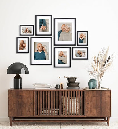 8 Piece Shadow Box Style Gallery Wall Frame Set – Deep Photo Frame Set with Mat for 8x10, 5x7 and 4x6 - Multiple Sizes Picture Frame Set for Wall Collage – Assorted Picture Frames for Wall (Black)