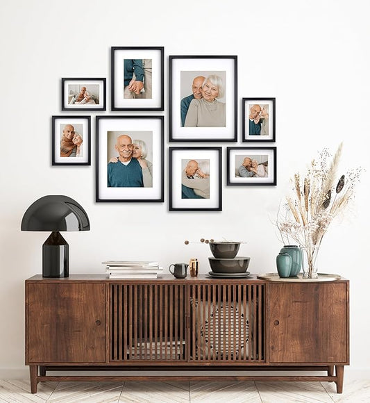 8 Piece Shadow Box Style Gallery Wall Frame Set – Deep Photo Frame Set with Mat for 8x10, 5x7 and 4x6 - Multiple Sizes Picture Frame Set for Wall Collage – Assorted Picture Frames for Wall (Black)