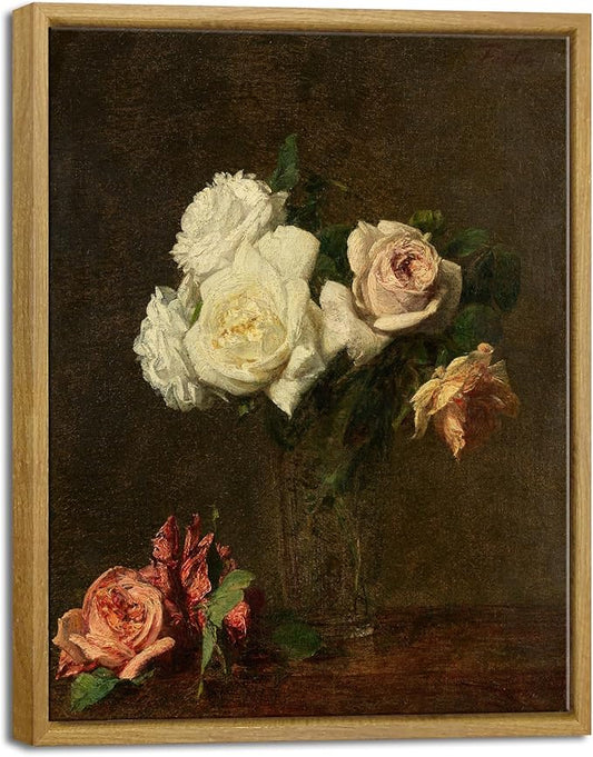 Pyradecor Vintage Retro Framed Wall Art Roses Paintings Pictures Canvas Prints Mid Century Bathroom Decor for Living Room Office Farmhouse Decorations
