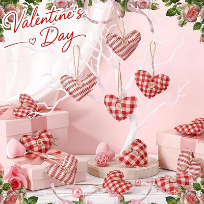 Soulchen 12 Pcs Valentine's Day Heart Ornaments Vintage Fabric Stuffed Heart Hanging Ornaments Rustic Red Buffalo Plaid Hanging Decor with Button for Tree Farmhouse Anniversary Wedding Party, 3 Style