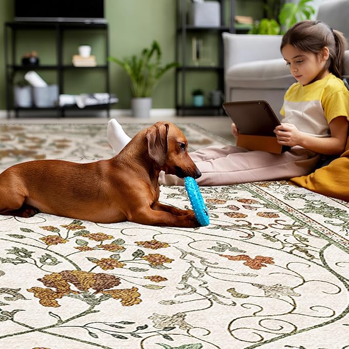 5x7 Floral Area Rug Washable Vintage Non Slip Girls Bedroom Rug, Soft Low Pile Stain Resistant Rugs for Dining Living Room,Beige White