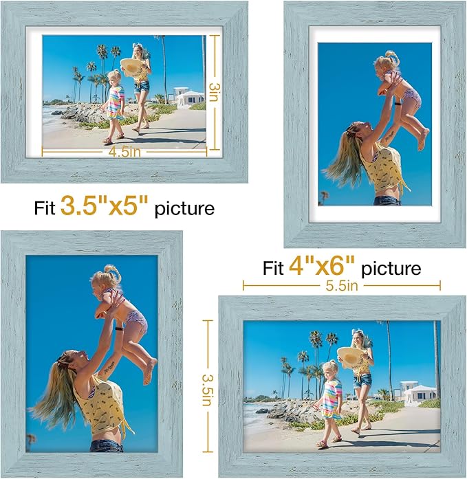Vittanly 4x6 Picture Frames Set of 9, Display 3.5x5 Pictures with Mat or 4x6 without Mat, Photo Frames for Wall or Tabletop with Plexiglass, Engineered Wood, Rustic Blue