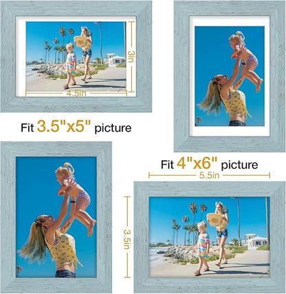 Vittanly 4x6 Picture Frames Set of 9, Display 3.5x5 Pictures with Mat or 4x6 without Mat, Photo Frames for Wall or Tabletop with Plexiglass, Engineered Wood, Rustic Blue