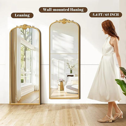 Besdomus Antique Full Length Mirror: 21"x56" French Gleaming Gold Arched Full Body Mirror - Floor Vintage Baroque Traditional Ornate for Entryway/Cloakroom/Bedroom - Home Decor for Interior Designers