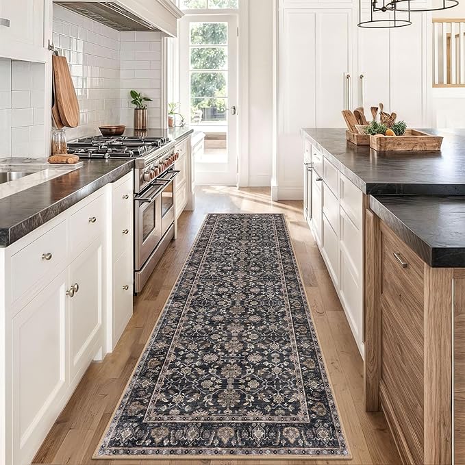 KUTA Vintage Washable Runner Rug, 2.6x8 Brown Runners for Hallways Non-Slip Kitchen Rugs Ultra Thin Soft Printed Distressed Oriental Floor Carpet for Laundry Bedroom Living Room Nursery