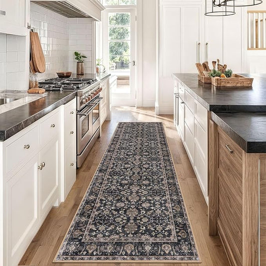 KUTA Vintage Washable Runner Rug, 2.6x8 Brown Runners for Hallways Non-Slip Kitchen Rugs Ultra Thin Soft Printed Distressed Oriental Floor Carpet for Laundry Bedroom Living Room Nursery