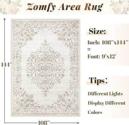 Area Rug 9x12 Vintage Rug: Large Washable Indoor Medallion Rugs Low Pile Distressed Floor Carpet Retro Accent Rug for Living Room Bedroom Kitchen Dining Table Home Office(Vintage Beige, 9'x12')