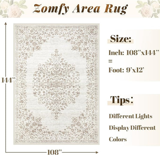 Area Rug 9x12 Vintage Rug: Large Washable Indoor Medallion Rugs Low Pile Distressed Floor Carpet Retro Accent Rug for Living Room Bedroom Kitchen Dining Table Home Office(Vintage Beige, 9'x12')