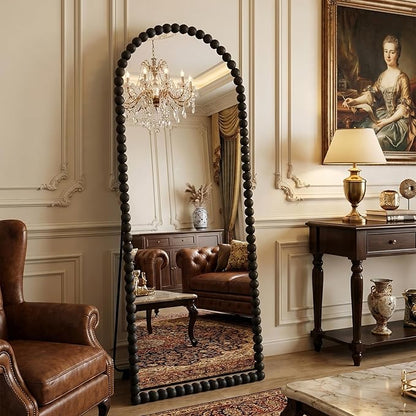 Antok 57" x 21" Arched Full Length Mirror, Antique Beaded Frame Floor Standing or Wall Mounted Mirror with Stand for Bedroom, Entryway, Black, Luxury Style