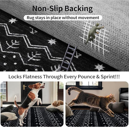 SERISSA Round Area Rug, 4ft Washable Non-Slip Black and White Boho Circle Rug, Soft Low-Pile Geometric Indoor Small Circular Carpet for Bedroom Entryway Living Room Dining Room