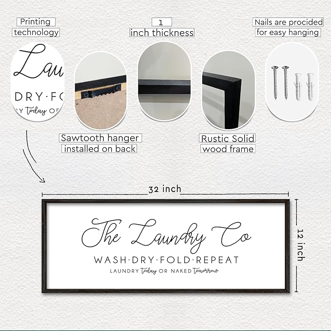 Laundry Room Wall Decor 32"×12" Laundry Today Or Naked Tomorrow Sign Wash Dry Fold Repeat Large Funny Farmhouse Vintage Quote Humorous Hanging Art (Black)