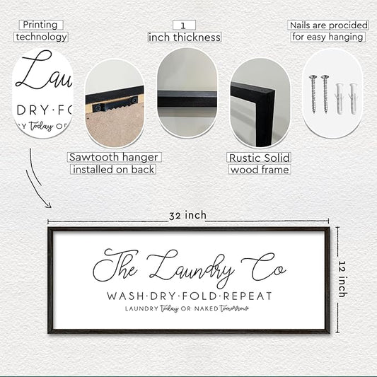 Laundry Room Wall Decor 32"×12" Laundry Today Or Naked Tomorrow Sign Wash Dry Fold Repeat Large Funny Farmhouse Vintage Quote Humorous Hanging Art (Black)