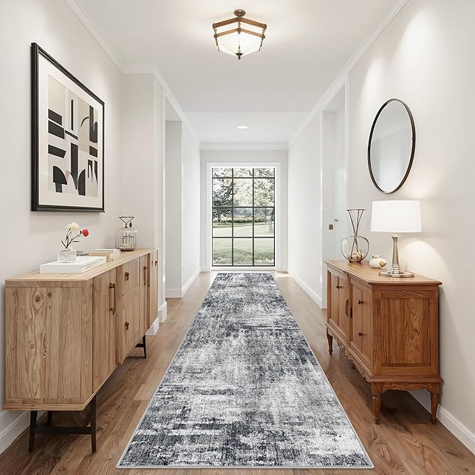 Grey Runner Rugs for Hallway: Abstract Washable Runner Rug 2x12 for Entryway Kitchen Bedroom Bathroom - Modern Cozy Home Decor Long Carpet Mat Stain-Resistant - Dark Grey