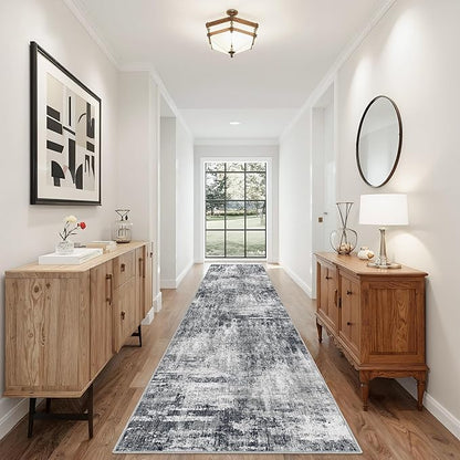 Grey Runner Rugs for Hallway: Abstract Washable Runner Rug 2x12 for Entryway Kitchen Bedroom Bathroom - Modern Cozy Home Decor Long Carpet Mat Stain-Resistant - Dark Grey