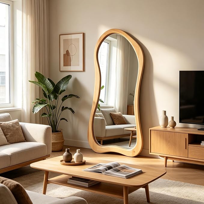 Large Irregular Mirror, 63"x30" Asymmetrical Aesthetic Mirrors with Solid Wood Frame, Premium Organic Shape Floor Mirror for Living Room Entryway Hallway Bedroom Cloakroom, Leaning/Hanging