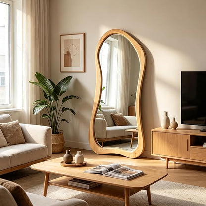 Large Irregular Mirror, 63"x30" Asymmetrical Aesthetic Mirrors with Solid Wood Frame, Premium Organic Shape Floor Mirror for Living Room Entryway Hallway Bedroom Cloakroom, Leaning/Hanging