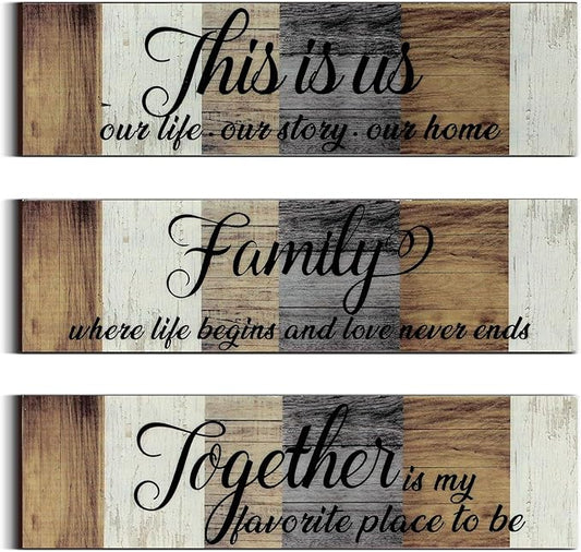 Jetec 3 Pieces Family Wooden Sign This Is Us Sign Rustic Wooden Family Home Decor Together Hanging Wall Decorations for Living Room Kitchen Bedroom Laundry Bathroom Warming(Brown, Beige, Gray)