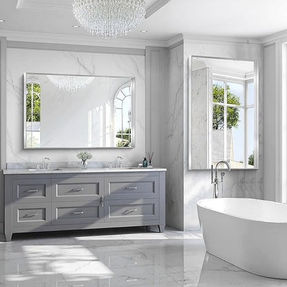 CIRCUMI Silver Bathroom Mirror, 36"x55" Rectangular Mirror with Deep Metal Frame, Brushed Finish, Tempered Glass, Large Mirror for Wall, Over 2 Sinks, Installed Vertically/Horizontally, Crystal-Clear