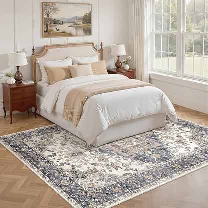 5x8 Washable Area Rugs for Living Room: Non Slip Vintage Beige Blue Rug, Large Soft Stain Resistant Indoor Floor Carpets for Bedroom Dining Room Nursery Home Office Kid & Pet Friendly