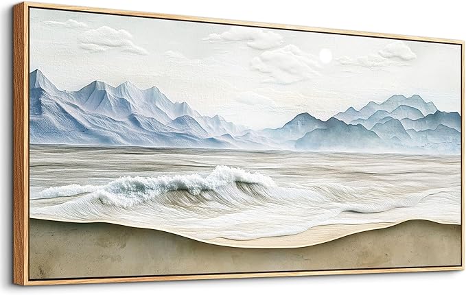 Wapluam Large Framed Canavs Wall Art,Ocean Wall Decor Living Room,Beach Pictures Wall Art,Nature Rustic Coastal Landscape Mountain Painting, Above Bed Wall Art, Sea Waves Artwork for Bedroom Bathroom