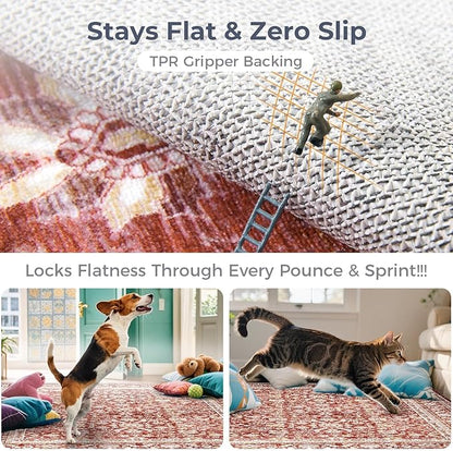 OPPODREAM Vintage Red 2x3 Washable Rug, 2 x 3 Retro Door Mat Indoor Entrance Non Slip, Low-Pile Faux Wool Throw Carpet, Distressed Floor Mat for Kitchen, Hallway, Entry-Way, Back Door