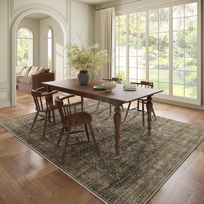Washable 6x9 Area Rugs for Living Room, Boho Non-Slip Vintage Distress Large Rugs for Bedroom Dining Room Nursery Office, 0.3" Neutral Oriental Throw Thin Carpet, Rust/Multi, D2