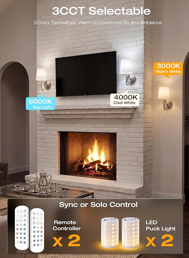 CLOUDY BAY Battery 10000mAh Operated Wall Sconces,Up to 100 Hours with Rechargeable RGB Dimmable Magnetic Bulb,Cordless Wall Lighting Fixtures with Remote for Bedroom,Brushed Nickel,2 Pack-12inch