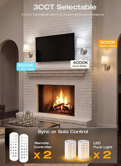 CLOUDY BAY Battery 10000mAh Operated Wall Sconces,Up to 100 Hours with Rechargeable RGB Dimmable Magnetic Bulb,Cordless Wall Lighting Fixtures with Remote for Bedroom,Brushed Nickel,2 Pack-12inch