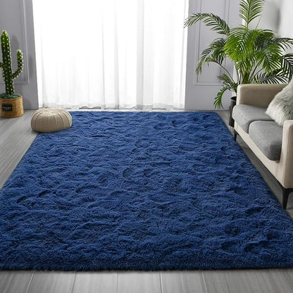 Deerhoo Large Shag Area Rugs 8 x 10, Plush Fuzzy Rugs for Living Room, Ultra Soft Fluffy Furry Rug for Bedroom, Indoor Carpet Nursery Rugs for Kids Room Home Decor,Navy Blue