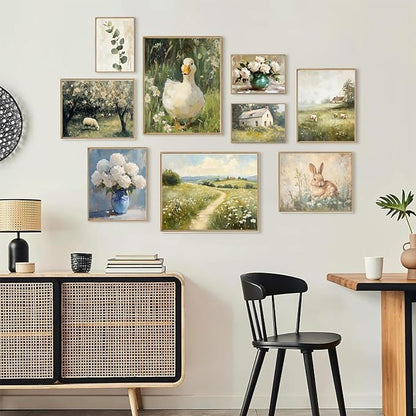 KBKBART 9pcs French Decor For Home - Country French Wall Art Posters, Easter Bunny Goose Pictures,Vintage Art Gallery Wall Prints Landscape Painting For Bedroom Decor(Unframed)