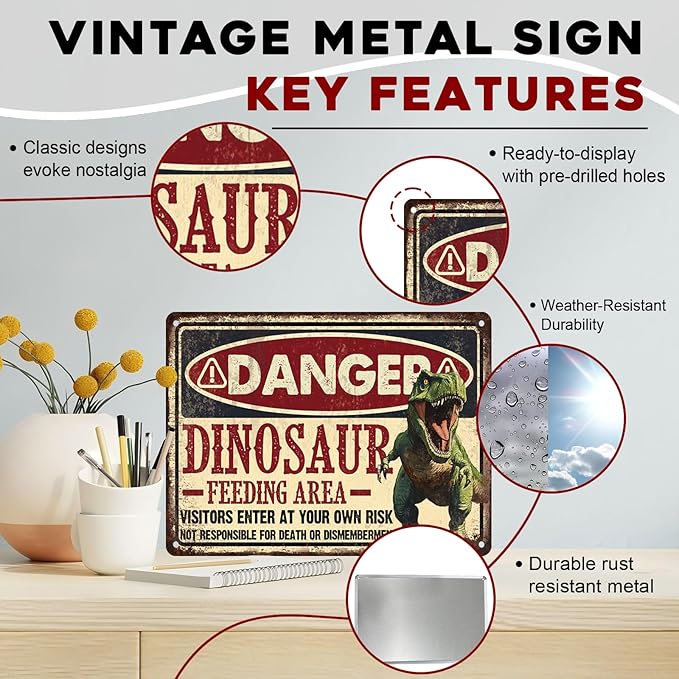 Dinosaur Vintage Tin Sign Dinosaur Feeding Area Great Boy's Room Metal Decor Sign Warning for Bedroom and Playroom 12x16inch